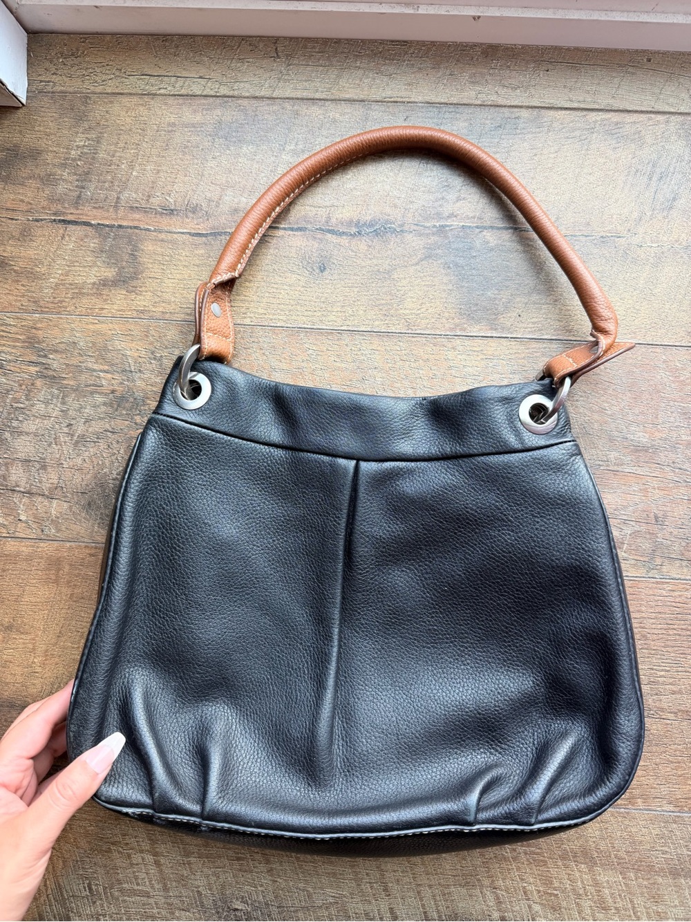 Coldwater Creek Black Leather Shoulder Bag with Brown Handle